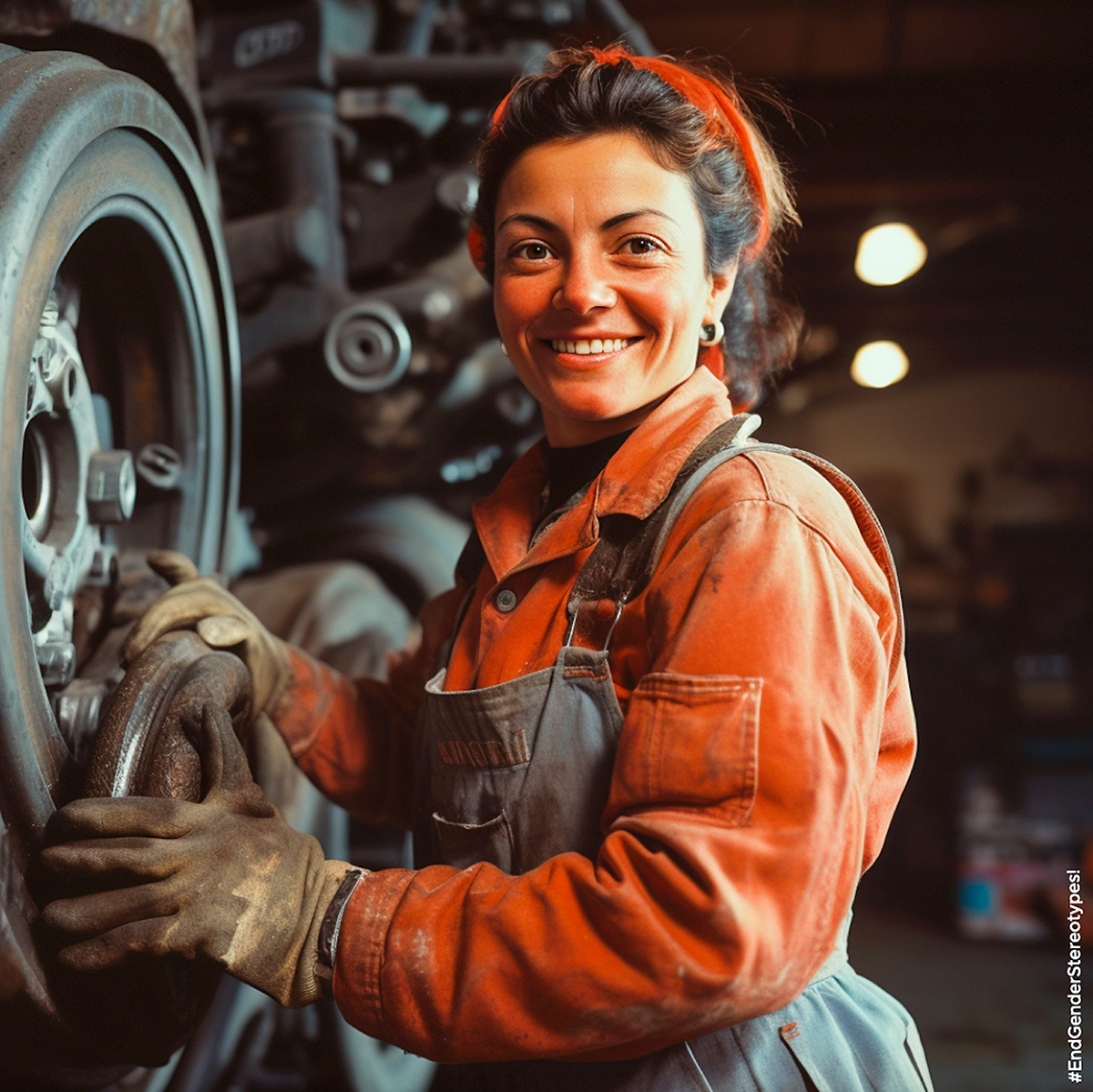 donna sorridente nelle vesti di operaia in fabbrica