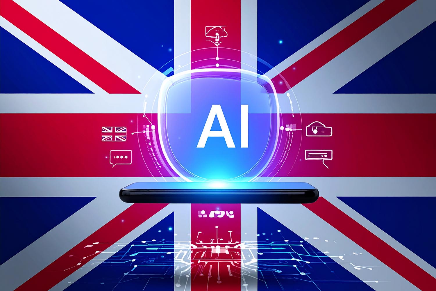 bandiera della Gran Bretagna e computer con su la scritta AI