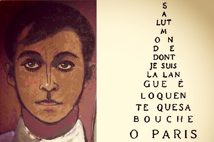 Dettaglio della locandina: autoritratto di Soffici e calligramma di G. Apollinaire