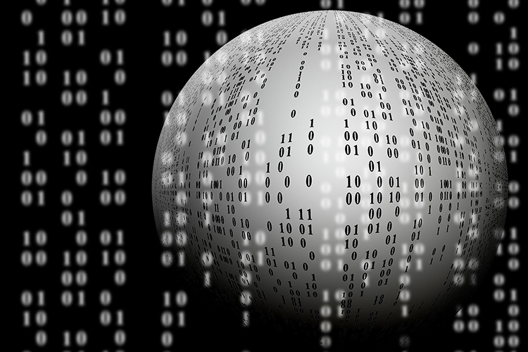 Dettaglio della locandina: sfera con successioni di numeri 0 e 1