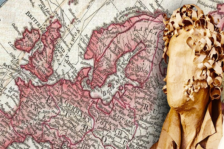 Foscolo con particolare della mappa dell'Europa sullo sfondo