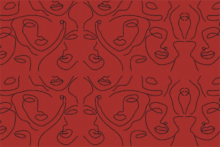 volti di donne su sfondo rosso