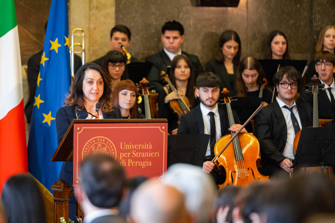 un momento del discorso della rappresentante del personale tecnico amministrativo